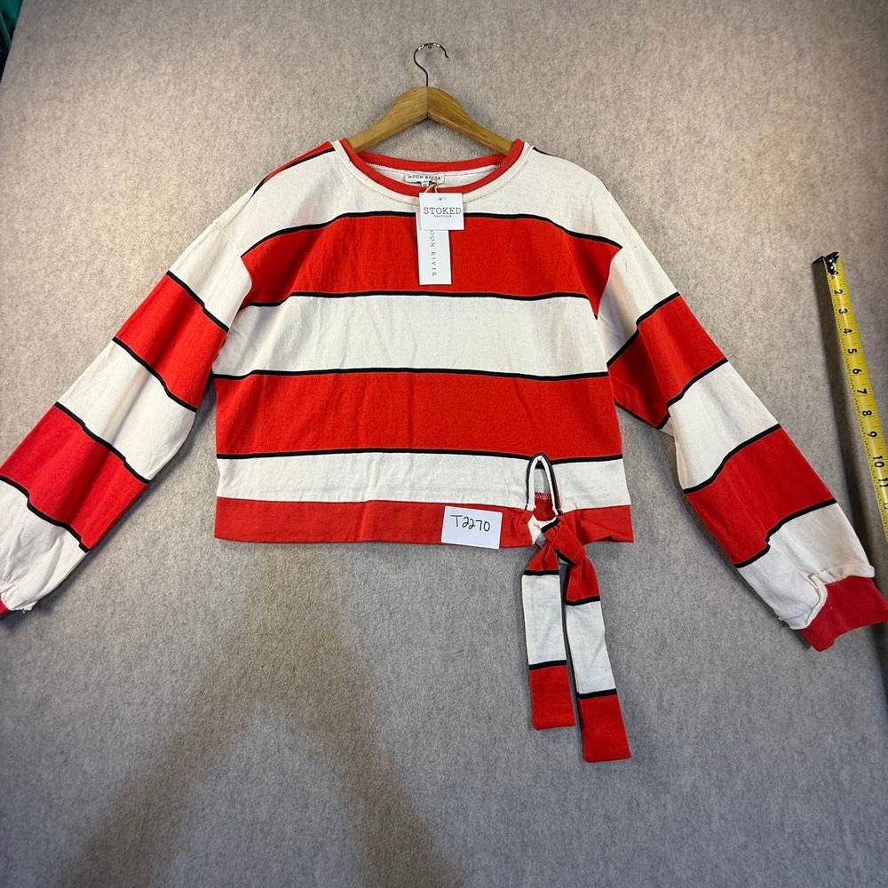NWT River Womens Red White Striped Side Tie Long Sleeve Knit Top Small T2270